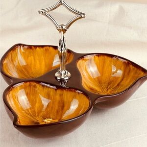 Vintage Blue Mountain Pottery Handled Three Section Nut Candy Relish Dish